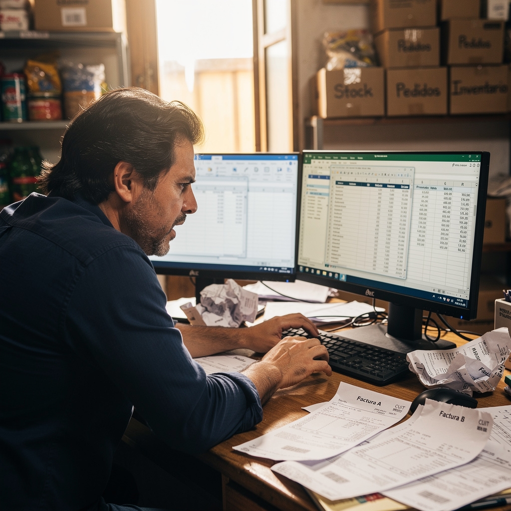 Dueño de PyME trabajando con múltiples planillas de Excel abiertas en pantalla