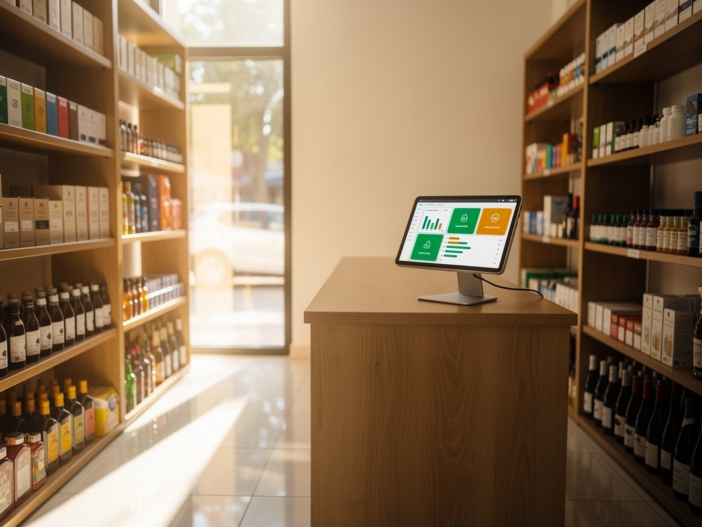 Local comercial con sistema de gestión digital en pantalla, mostrando inventario actualizado