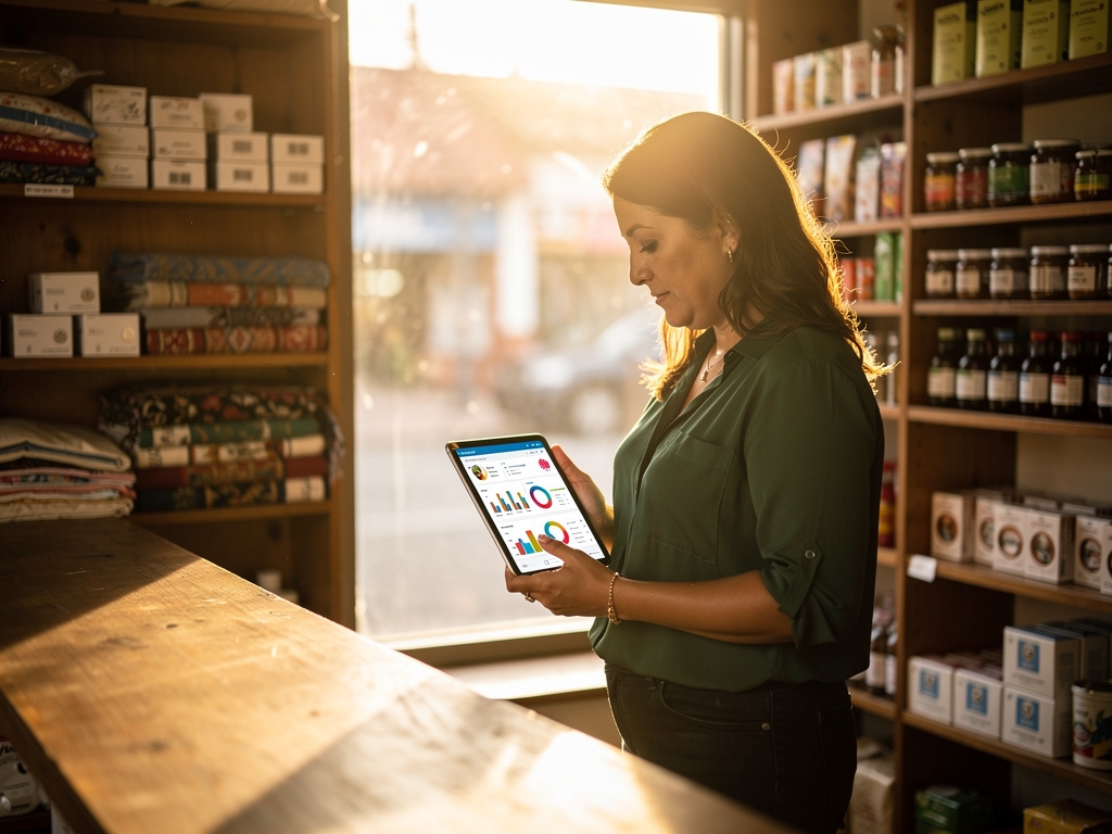 Interior de local comercial argentino con persona usando tablet para gestionar stock y turnos