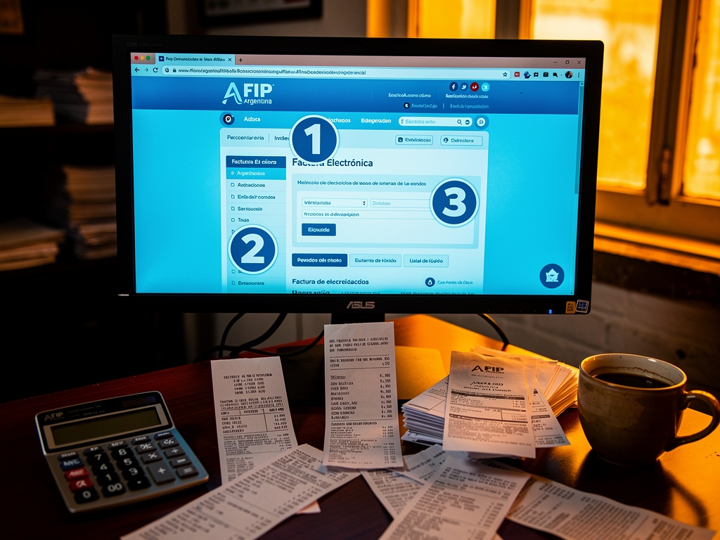 Captura de pantalla del módulo AFIP con el proceso de emisión de factura electrónica documentado paso a paso
