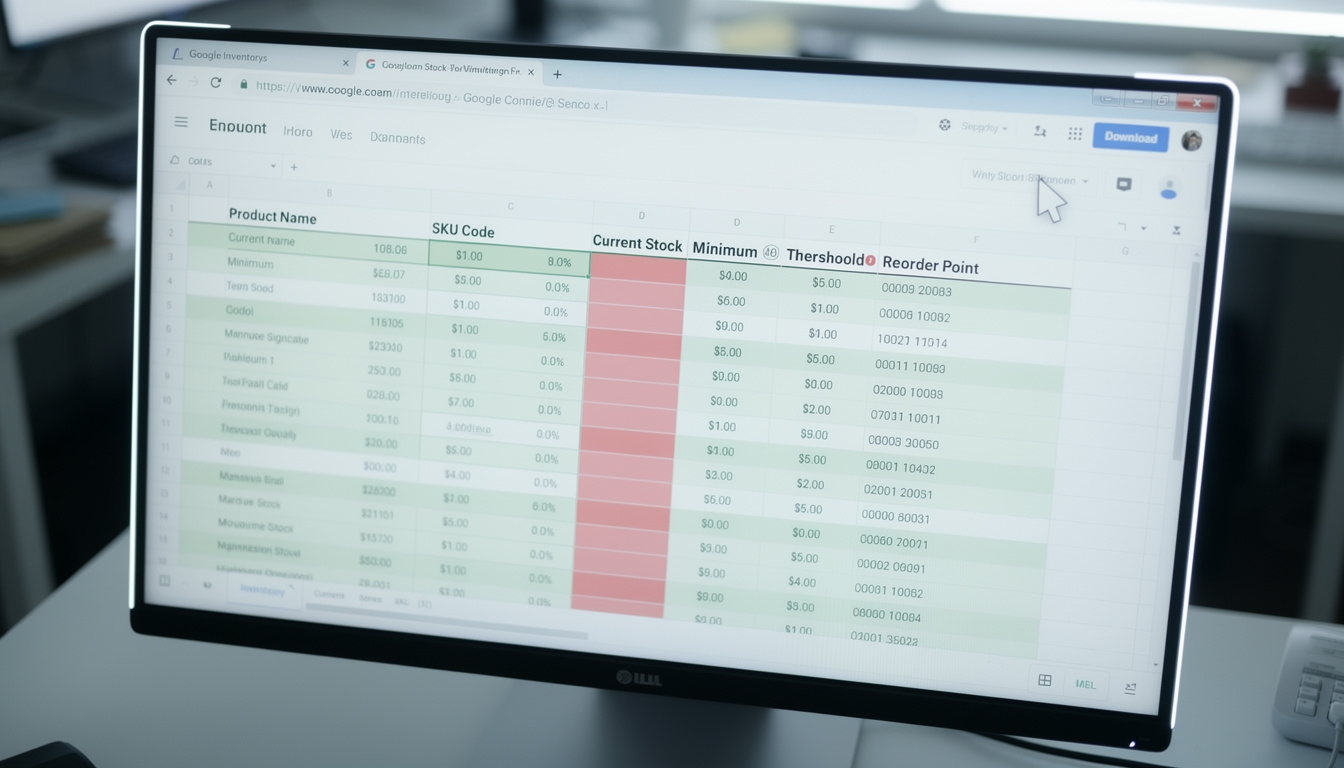 Plantilla de Google Sheets para inventario con columnas de stock, precio y conexión a MercadoLibre, lista para descargar