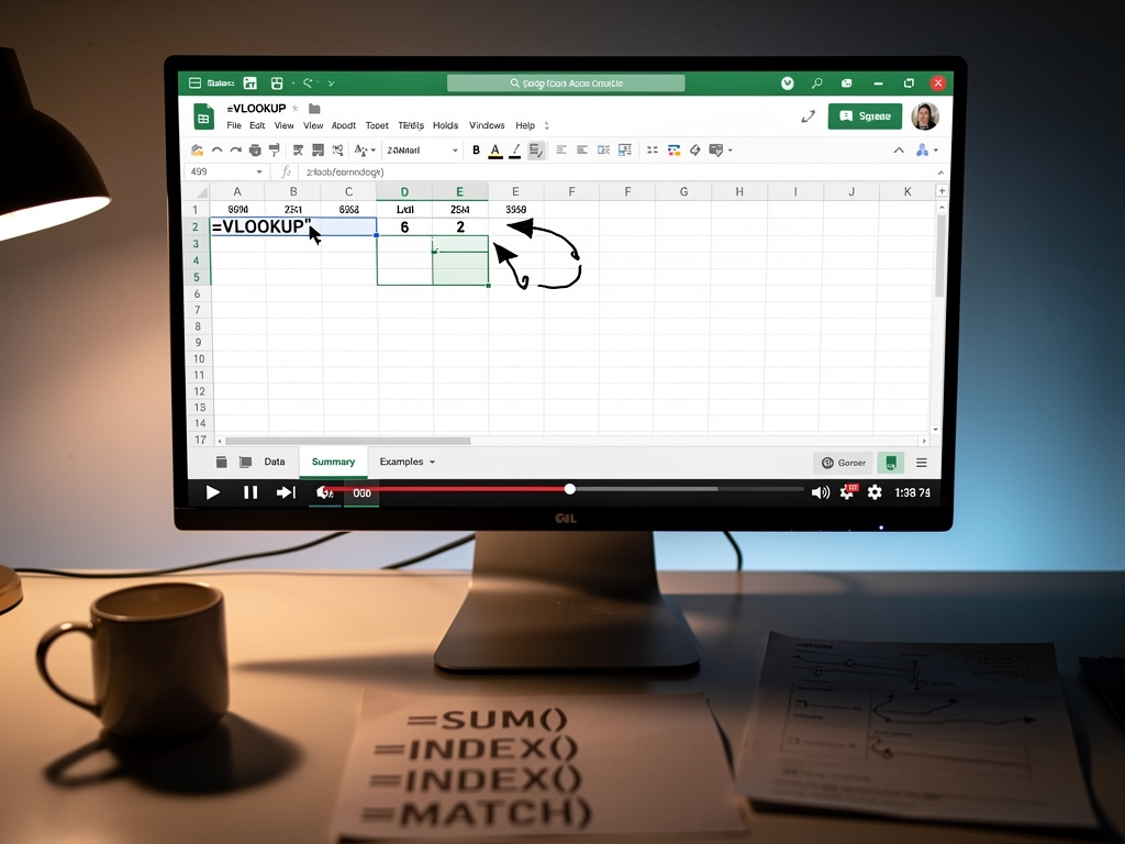 Pantalla de video tutorial mostrando construcción de fórmula en Google Sheets con anotaciones visuales